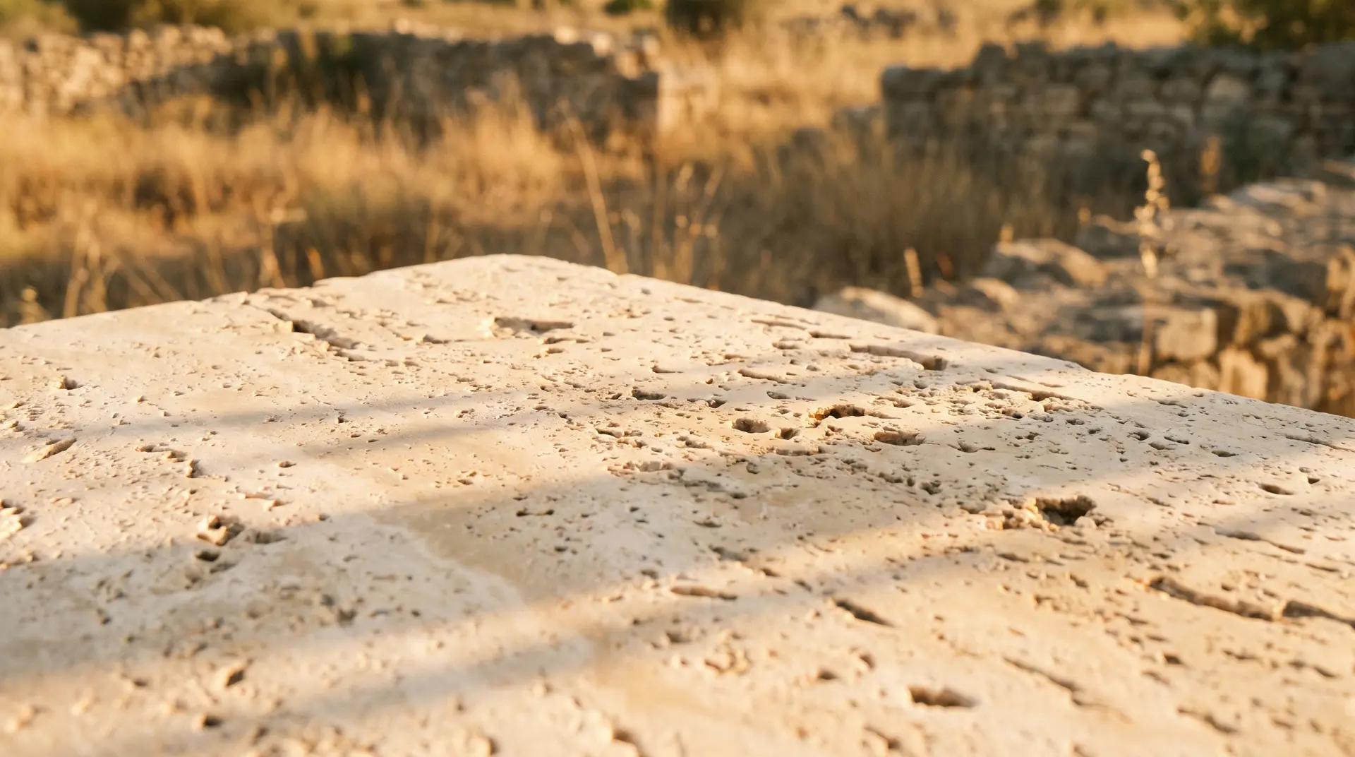 Honed travertine slab in warm low light