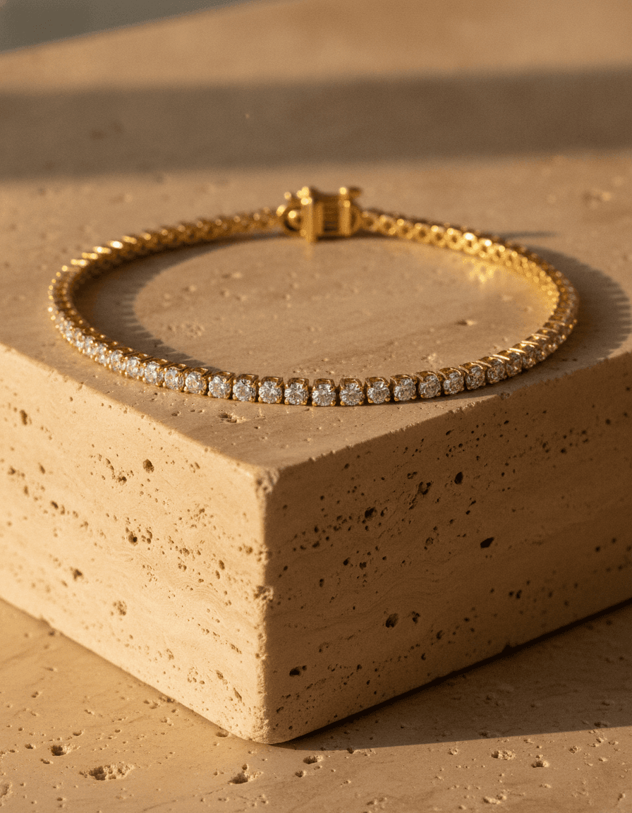 The Gabriella Line, a lab-grown diamond line bracelet in 14K yellow gold, on travertine in low golden sun