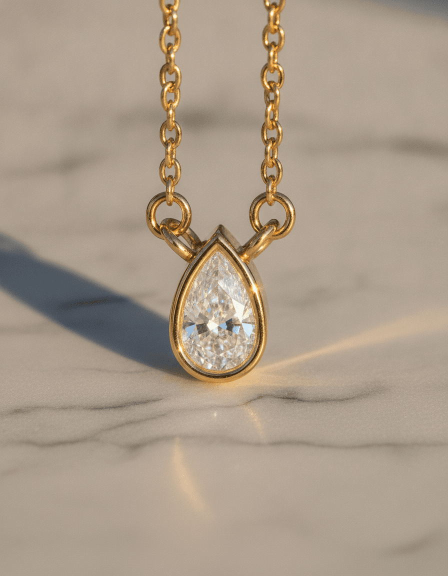 A pear lab-grown diamond bezel pendant in 14K yellow gold on warm marble