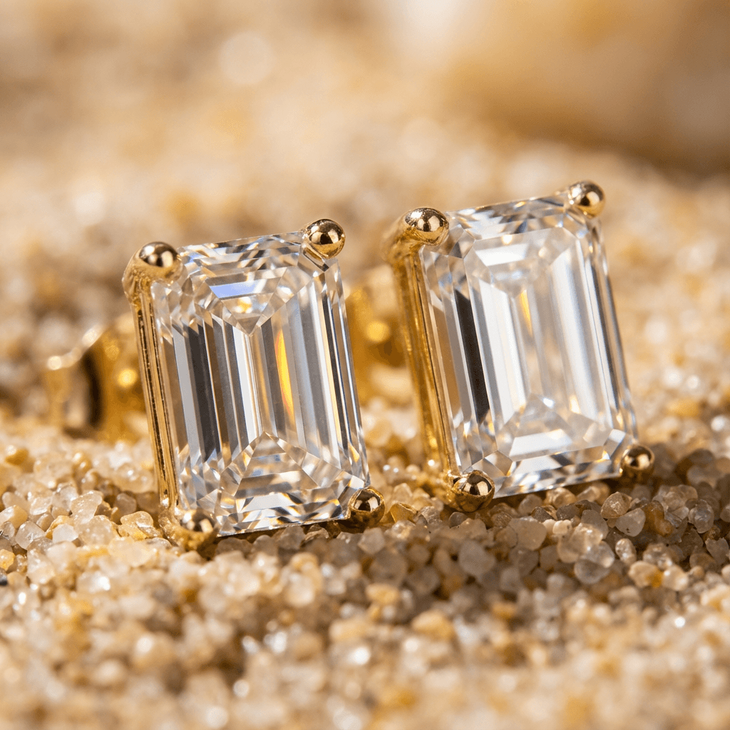 Diamond studs up close on a textured surface