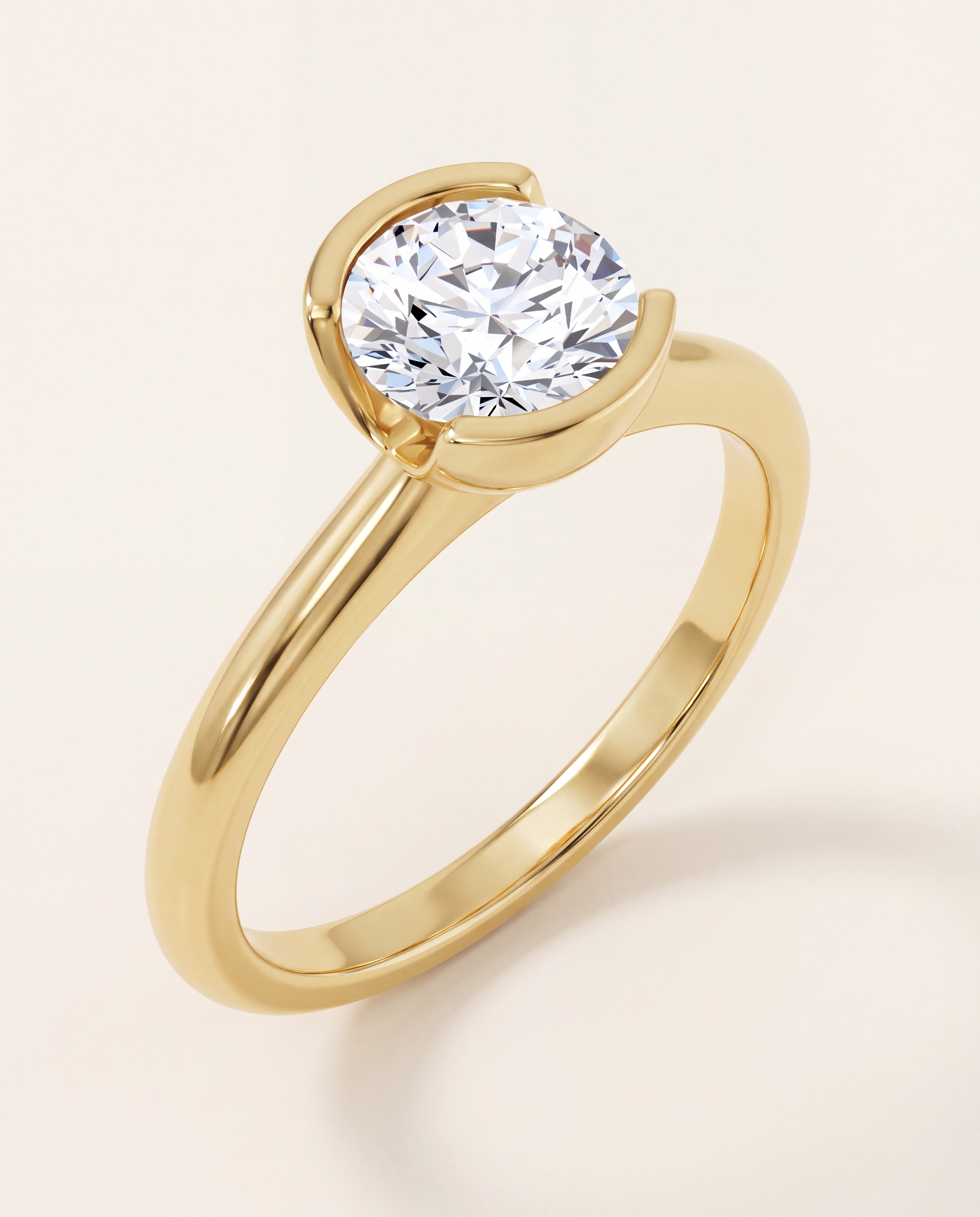 Half Bezel Round Engagement Ring in yellow gold