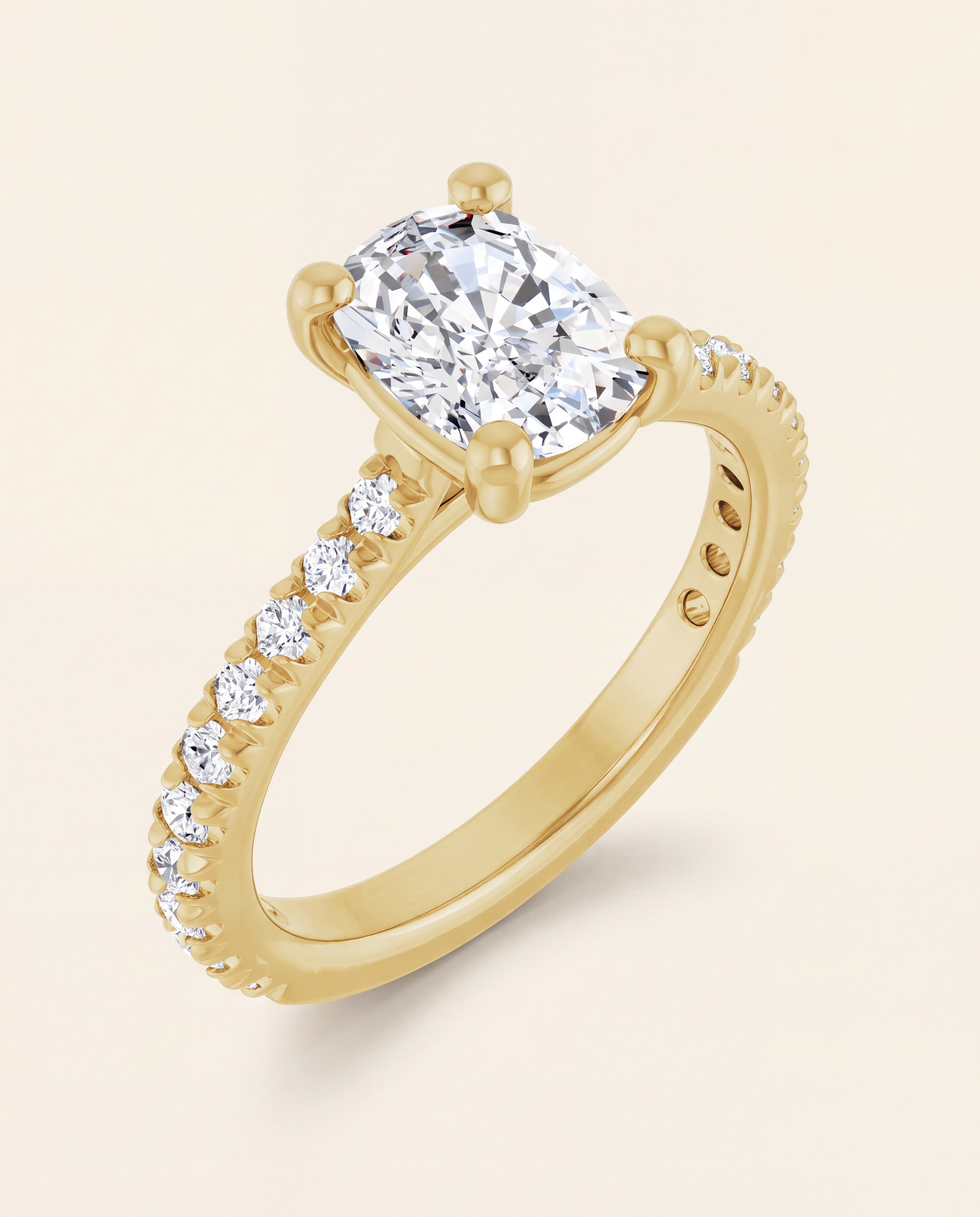 French Set Cushion Engagement Ring in yellow gold