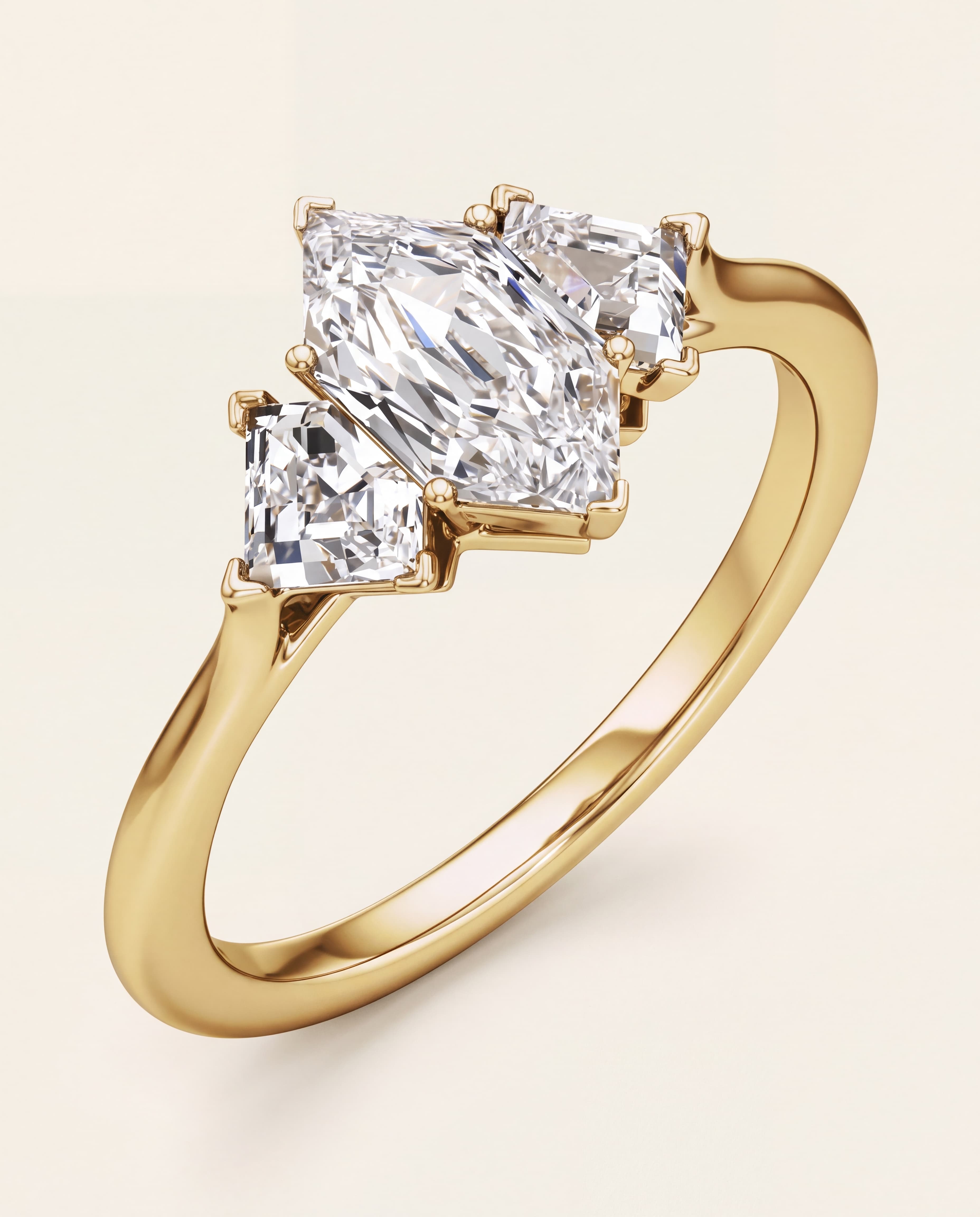 Elongated Hexagon Three Stone Engagement Ring in yellow gold