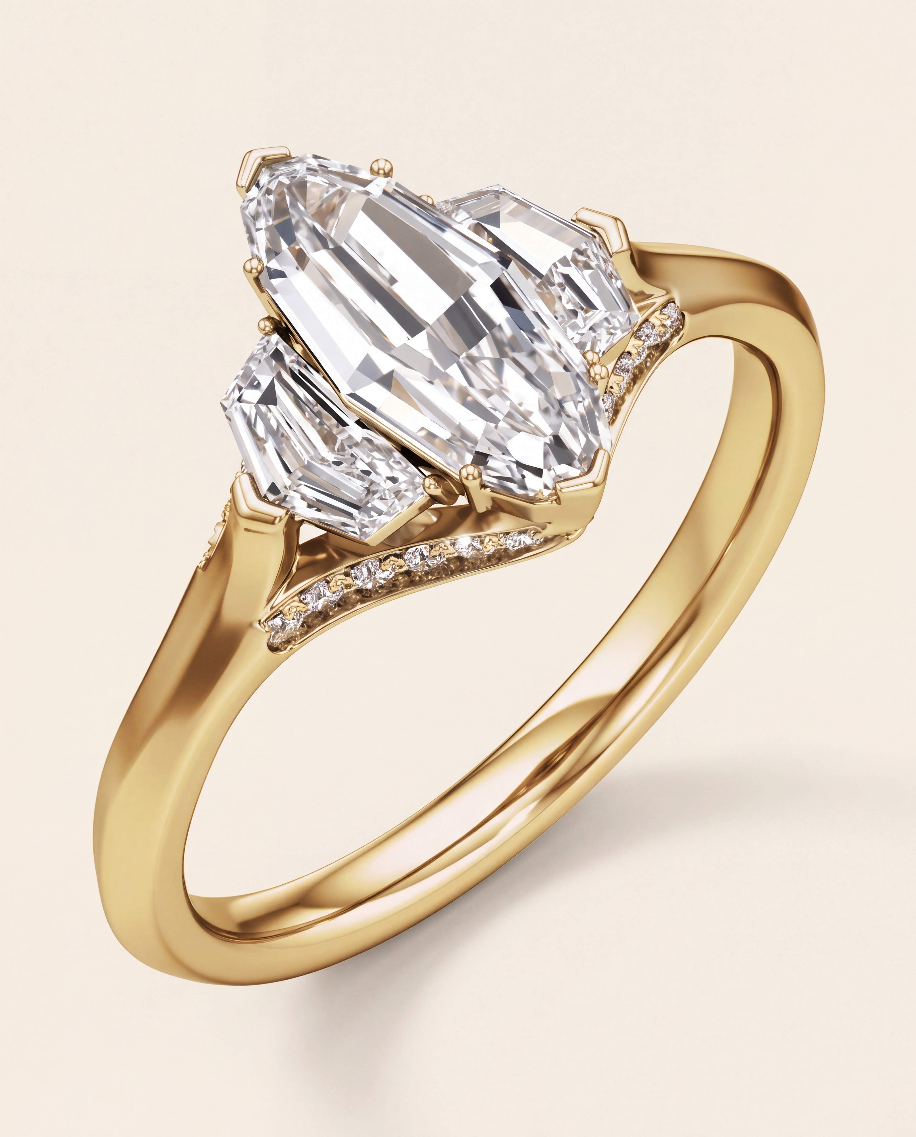Elongated Oval Three Stone Pave Engagement Ring in yellow gold