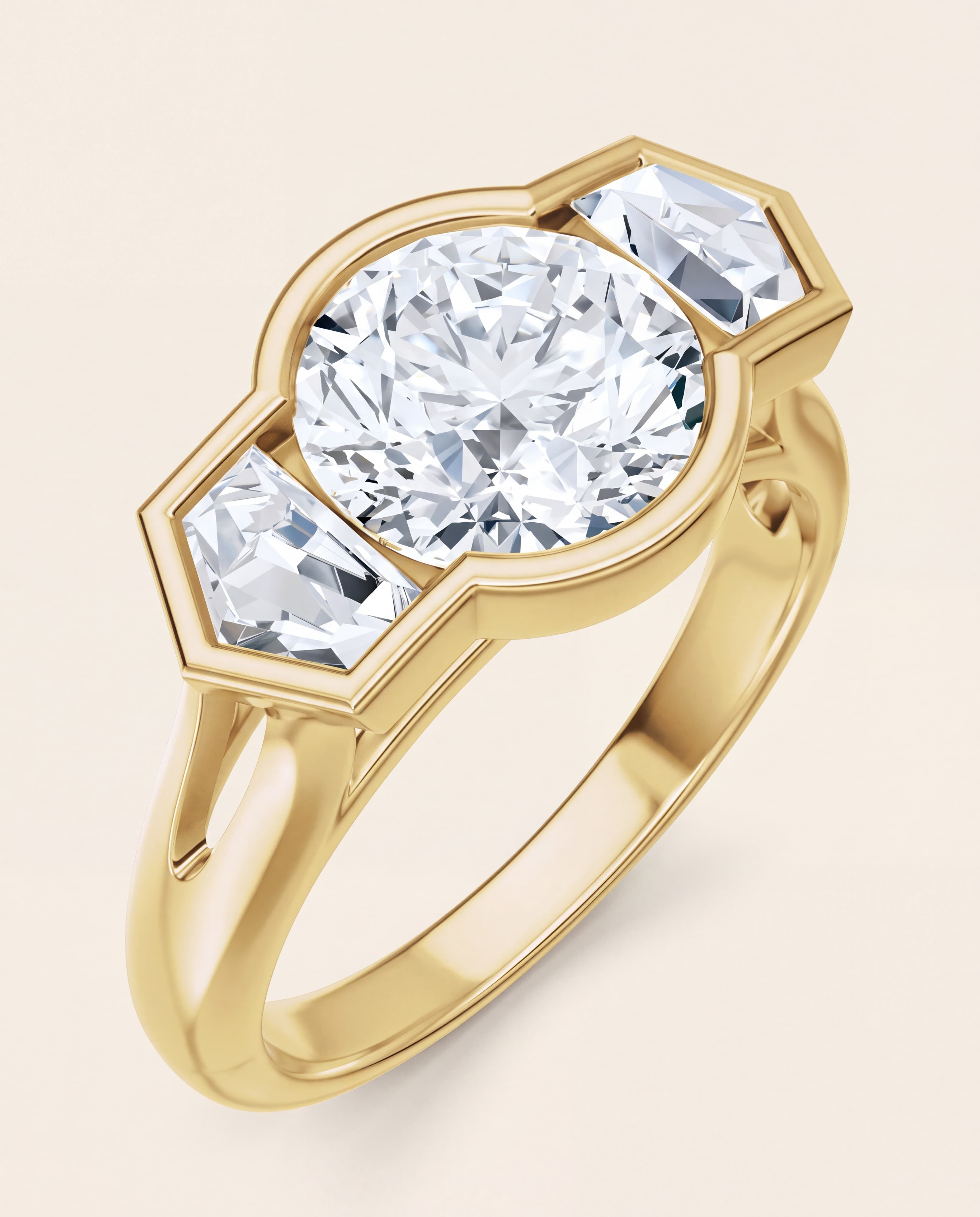 Bezel Set Round Three Stone Engagement Ring in yellow gold